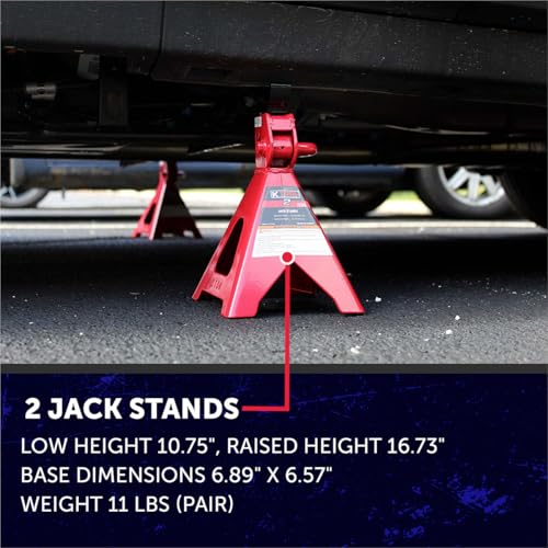 K Tool International 63097A 2 Ton Automotive Trolley Floor Jack with Jack Stands for Garages, Repair Shops, and DIY, 4,000 lbs. Capacity, Hydraulic Lifting Range 5-1/8" to 13", Heavy Duty Steel, Red