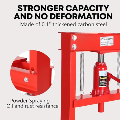 12-Ton Hydraulic h-Frame Shop Press with Adjustable Worktable & Press Plates | Heavy-Duty Press for Bending Straightening Bearing Installation | Ideal for Auto Repair Garages & Workshops,Red. - color: Red-12t