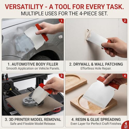 4 Pcs Metal Body Filler Spreader Set, Stainless Steel Putty Knife Kit for Bondo & Glaze, Reusable Auto Body Repair Tools (Red) - color: Red