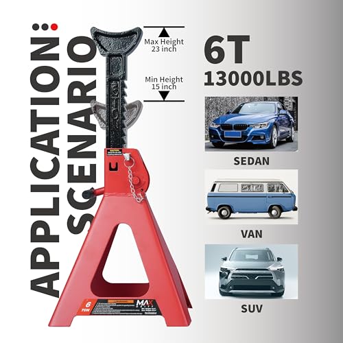 6 Ton Jack Stands with Double Locking System – Heavy Duty Vehicle Support Stands for Cars, Trucks, SUVs & Vans, Reliable Automotive Lift Stands with Wide Base, Set of 2, Red