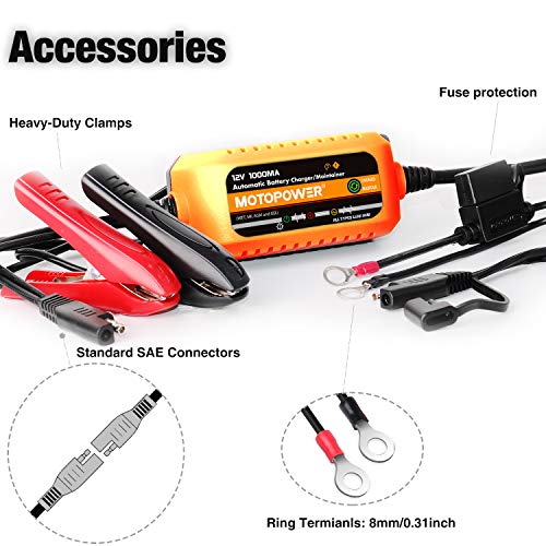 MOTOPOWER 12V 1000mA Automatic Charger - Battery Maintenance - Maintain Charger and Battery Desulfator with Timer Protection. - color: Orange