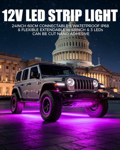 Keiurot 12V Led Light Strip Pink for Cars 24Inch Connectable 4Pack - color: Pink Led Strip 24" Connectable