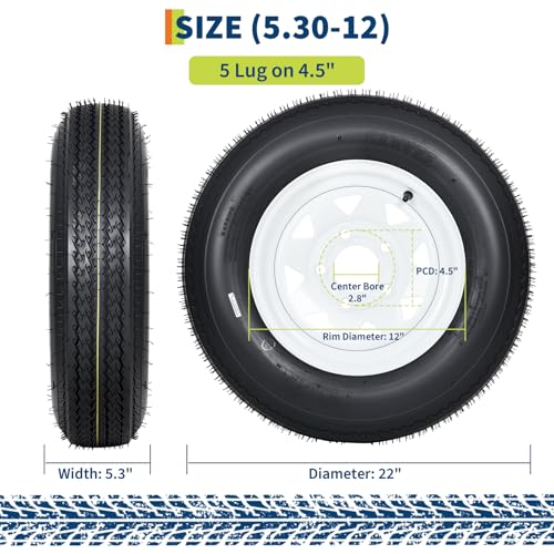 GarveeTech 5.30-12 Trailer Tire and Wheel Assembly, 5 Lug, Set of 2 - size: 5.30-12, style: 5 Lug