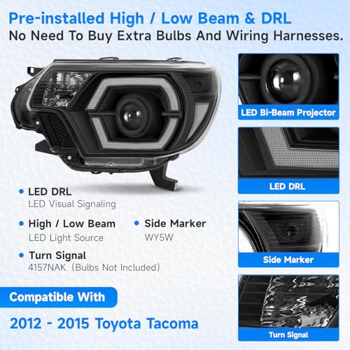 ELH LED Projector DRL Headlight Assembly Fit for 12-15 Tacoma (Black/Clear)