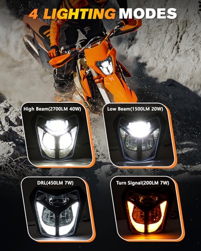 BICYACO DOT LED Dirt Bike Headlight, 40W 2700LM Universal Motorcycle Headlamp with DRL Turn Signal Hi/Lo Beam, IP67 Waterproof Front Light for EXC XCW SXF SX 125 250 300 350 450 500 Pit Bike Enduro - color: Black C