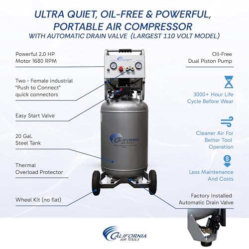 California Air Tools 20020AD 2.0 HP Ultra Quiet and Oil-Free Air Compressor with Wheels, 20 Gallon Tank Capacity, 70 dB Noise Level, Electric, Portable, with Automatic Drain Valve - style: Steel Tank, 110v w/Auto Drain