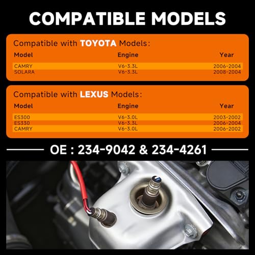 Upstream & Downstream O2 Sensor Set |Direct Replacement OE 234-9042 &234-4261 |Oxygen Sensor Compatible with Lexus ES300 ES330 Camry, with Toyota Camry Solara V6-3.0L 2002-2008 WITH GLOVES - size: 234-9042 + 234-4261