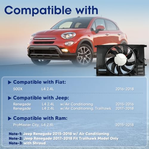 Engine Cooling Radiator Fan Assembly Fit for Jeep Renegade 2015-2018, Fit for RAM ProMaster City 2015-2018, Fit for Fiat 500X 2016-2018, Reference Number 621577, 623740, 76392, 68247205AA - size: 621577, 68360299AA