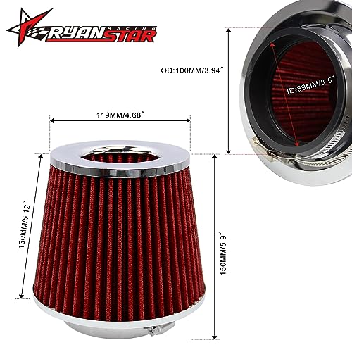 RYANSTAR RACING 3.5 Inch Cone Air Filter 89mm High Flow 150mm Tall - color: red, size: 3.5" Short