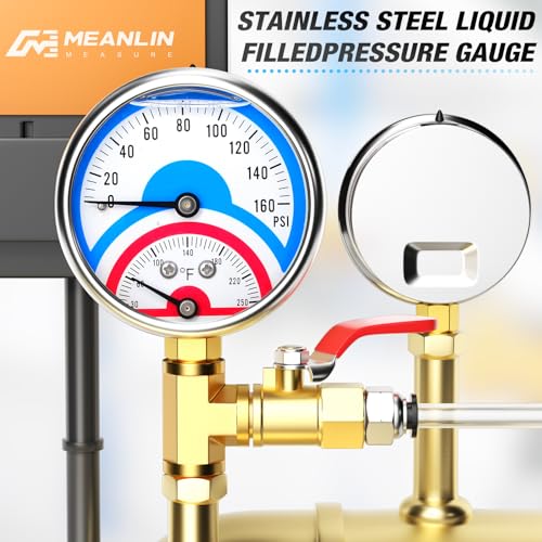 MEANLIN MEASURE 0-160Psi Stainless Steel Thermal Pressure Gauge 30-250℉ 1/4" NPT 2.5" FACE DIAL Liquid Filled Pressure Gauge, with 1/2" NPT and 3/8" NPT Hex Bushing, Lower Mount - size: Lower Mount, style: Liquid Filled