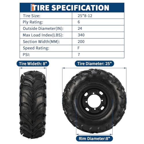 GarveeLife 2PCS 25x8-12 ATV UTV Tire with 12 Inch 4 Lug Steel Wheel Rim