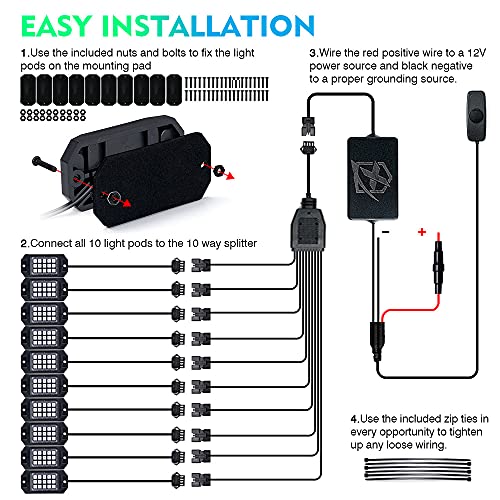 Xprite Bluetooth Rock Lights Multicolor Neon Accent Lights Underglow Kits - color: Standard Housing, size: 10 Pods