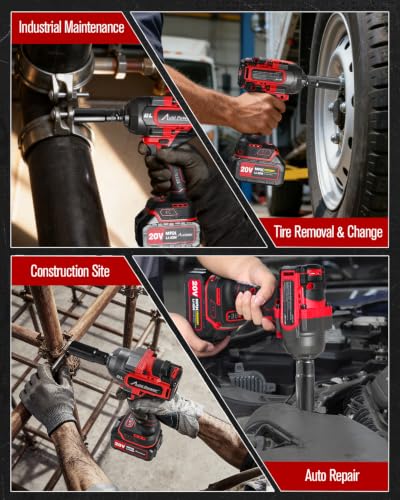 AVID POWER 1/2” Brushless Cordless Impact Wrench/Gun 900ft-lbs, 2 Batteries - color: Red