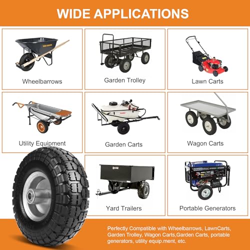 10" Solid Tires, 4.10/3.50-4 Tire and Wheel Flat Free, Gorilla Cart Tires Replacement, 4-Pack Solid Rubber Wheels with 5/8" Axle for Hand Trucks, Wheelbarrows, Dollies, Wagons & Garde (10 Inch 4-Pcs)