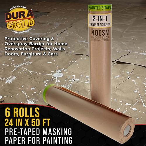 Dura-Gold 페인팅용 사전 테이핑 마스킹 페이퍼 (61cm x 15.2m(24인치 x 50피트), 6롤) - 테이프 및 드레이프 페인터 용지, 보호 커버, 홈 리노베이션 프로젝트, 벽 문, 가구, 자동차용 오버스프레이 장벽 - size: 24-inch-x-50-feet (Pack of 6)
