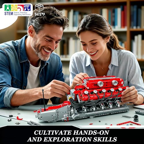 Mould King V12 Engine Model Kit that Runs - Motorized Mini Engines Building Blocks Set with Battery & Gearshift, Car Construction STEM Toy for Adults, DIY Mechanic Engineering Kit (3472+ PCS) - style: WX-10169