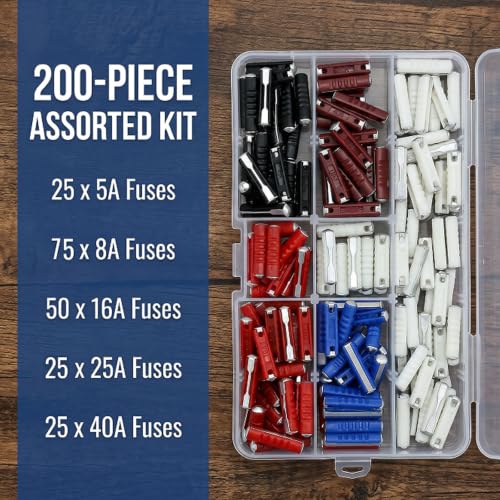 200PCS Car Fuse Torpedo Type, European Automotive Fuse Assortment Kit 5A 8A 16A 25A 40A, Suitable for for Old Style Classic Cars
