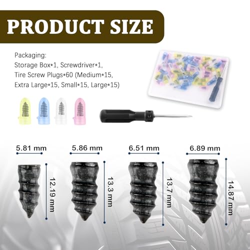 carleef 60PCS Screw in Tire Plugs Set with Screwdriver & 4 Size Nails,Self-Service Tire Repair Rubber Nail Kit for Quick Fix Tires Puncture,Universal Tires Repair Kit for Tubeless Tyres - color: 4 Size/60PCS