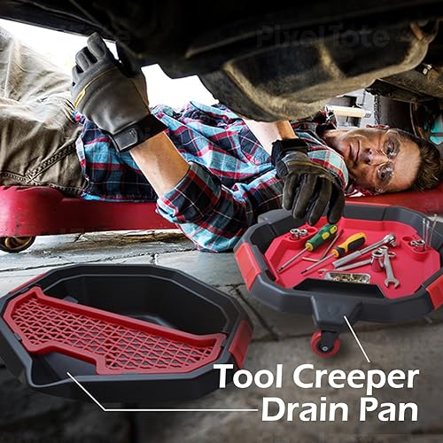MaxWorks 3-in-1 Rolling Oil Drain Pan and Mobile Tool Creeper 8.5 Quart Fluid Container with 360 Degree Swivel Wheels and Mesh Drain Plug Holder (50695)
