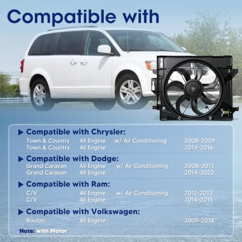 Engine Cooling Radiator Fan Assembly Fit for Dodge Grand Caravan 2008-2020, Chrysler Town & Country 2008-2016, Volkswagen Routan 2009-2014, Ram C/V 2012-2015, Reference Number 621028, 5058674AA - size: 621028, 5183347AA