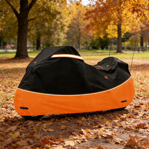 Motorcycle Cover Heavy Duty 420D Oxford Waterproof,Touring Motorcycle Cover Compatible with Harley Davidson Road King,Street Glide, Road Glide, Ultra Limited, CVO,Fits Motorcycles Up to 110" - size: 110"-Side+Top Box