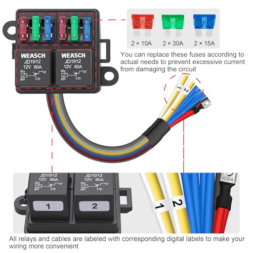 12V 6 Way Pre-Wired Fuse Relay Box Kit with Two 80A 4-Pin Relays (Pack of 4) - size: 80A 2 Relay 6 Fuses (Pack of 4), style: Pre-Wired