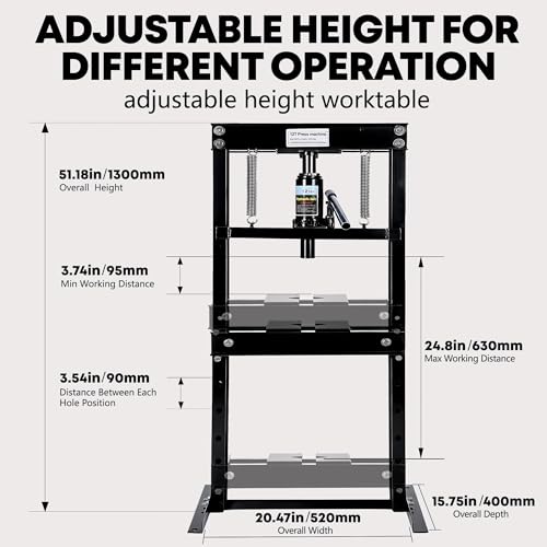 12 Ton H-Frame Hydraulic Shop Press with Adjustable Table Black - color: 12T-Black