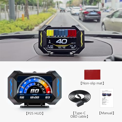 OBD2 Gauge Car HUD Head Up Display Multifunction Digital,Car Speedometer Tachometer Water Temperature Oil Temperature Volt Inclinometer Boost Gauge RPM Meter fit for Most Vehicles After 2008