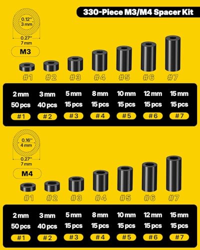 Vibit 330 Pcs M3/M4 Nylon Spacers for Screws, ID 3 mm/4 mm & OD 7 mm, 10 Lengths – 2 mm 3 mm 5 mm 8 mm 10 mm 12 mm 15 mm, Non-Threaded Plastic Spacers, Nylon Round Spacers for M3 M4 Screws, Black - size: M3/M4,330PCS