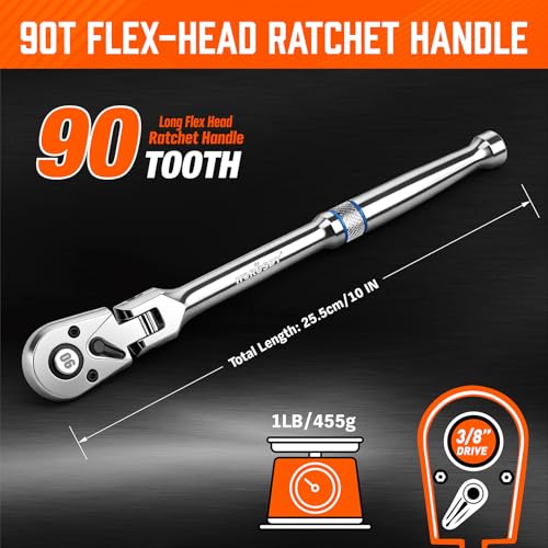 HORUSDY 3/8" Drive 90-Tooth Flex Head Ratchet Handle, 180° Adjustable CR-V Ratchet with Quick Release & Reversible Switch, 4° Swing Arc Socket Wrench for Automotive, Bike & DIY Repair - color: 3/8" Drive Flex Head Ratchet Silver