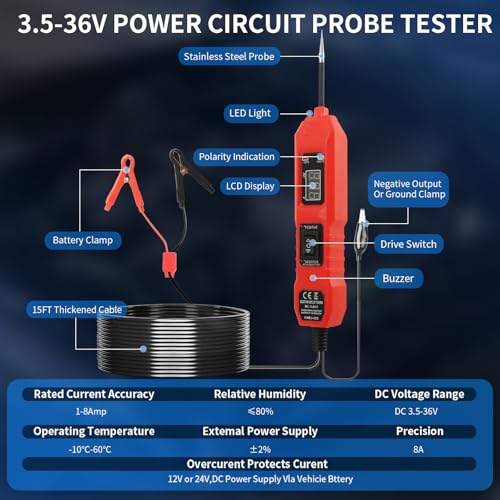 Power Circuit Probe Tester,6V/12V/24V DC Circuit Tester Automotive,Test Light,Fuse & Voltage Tester,Automotive Short Circuit Breake Finder Electrical Tools (Red) - color: Red