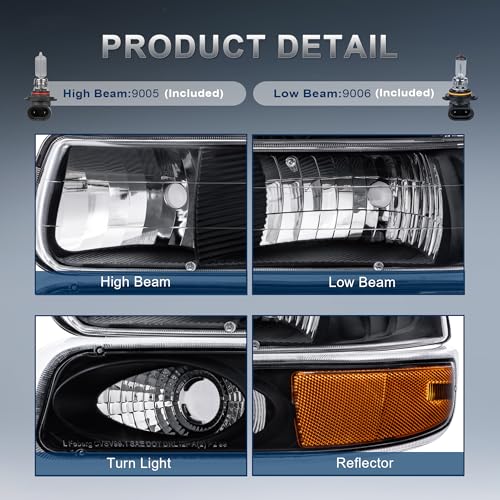 KUIPERAUTO Headlight Assembly Front Lamp Compatible with 1999-2002 Chevrolet Silverado 1500 2500 2000-2006 Suburban 1500 2500 Tahoe Black Housing/Clear lens/Amber Corner w/Bulb - color: Black/Clear/Amber