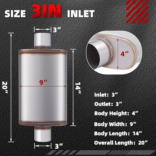 LCGP 3 inch Universal Muffler, Performance Chamber Exhaust Muffler, 3" Center In/Out, 20" Overall Length Straight-Through Performance with Stainless Steel Muffler for Truck, Cars(3''Inlet/Outlet) - color: Center In / Center Out, size: 3 Inch