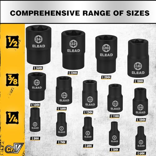 17-Piece Inverted E-Torx Socket Set - Premium Impact Cr-V Steel E4 - E24 Star Female Sockets for Impact Wrench 1/2 3/8 1/4 Drive Precision Torque Kit with Storage Case - color: 17-piece Black
