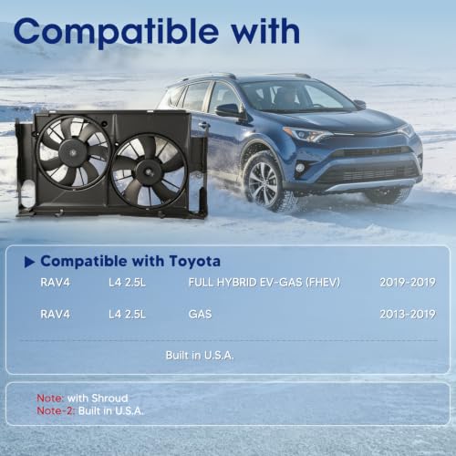 Engine Cooling Radiator Fan Assembly Fit for Toyota Models - RAV4 2013-2019, L4 2.5L, Reference Number 621-557, 623290, 163610V330, 163610V340, 1636336100, 1636336110, 167110V210 - size: 621-557, 623290