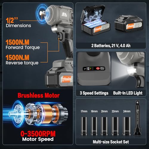 1/2 Cordless Impact Wrench,1106ft-lbs(1500N.m) 3-Speed Impact Driver,LED - color: Grey