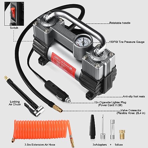 GSPSCN 12V Heavy Duty Tire Inflator Metal Portable Air Compressor Pump - color: Titanium