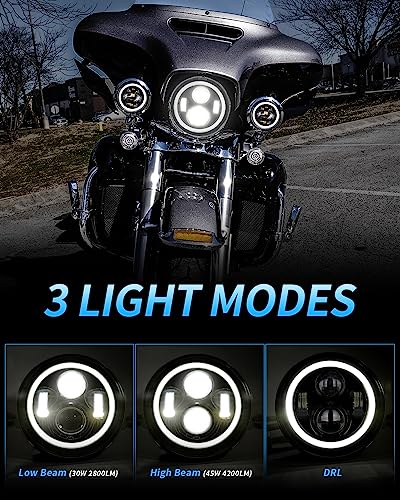 BICYACO DOT 7 Inch Halo LED Headlight 7" Headlamp with White Halo for Electra Glide Street Glide Fat Boy Road King Heritage Softail Switchback Black - color: Black F