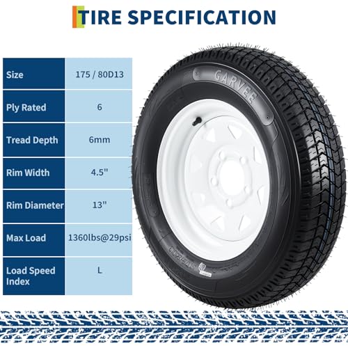 Heavy Duty Trailer Tire and Wheel Set - ST175/80D13, 6PR Load Range C, 5 Lug 13" White Modular Wheels - For Utility, Boat, Camper Trailers - PCD 114.3x5, Center Bore 81, ET=0, Specs: - size: ST175/80D13