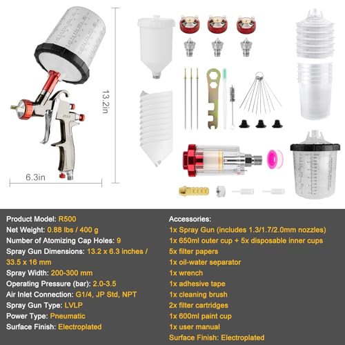 SRQ R500 LVLP Air Spray Gun with 650ml Mixing Cup & 600ml Reusable Plastic Cup, 1.3/1.7/2.0mm Nozzles Paint Gun Sprayer, Automotive Paint Gun for Car, Furniture, Fence, Varnish& Top Coat - color: 5 mixing cup+plastic jug