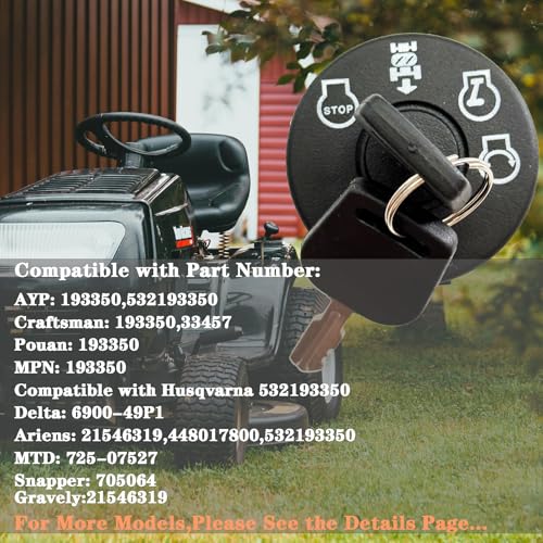 193350 Lawn Mower Ignition Switch 4 Positions & 7 Terminals for Husqvarna YTH2348 Starter, AYP, Craftsman LT1000, Poulan, Ariens, MTD, Snapper Riding Tractor Switch 532193350 - color: 725-07527