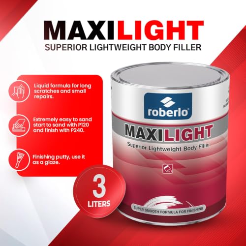 Roberlo Maxilight Superior Lightweight Auto Body Filler - Easy Application, Super Smooth Self-Leveling Formula, Creamy Texture, Ideal for Large Area Repairs, Dents, Dings, Holes, Scratches & Rust - size: 3 Liter (Pack of 1)