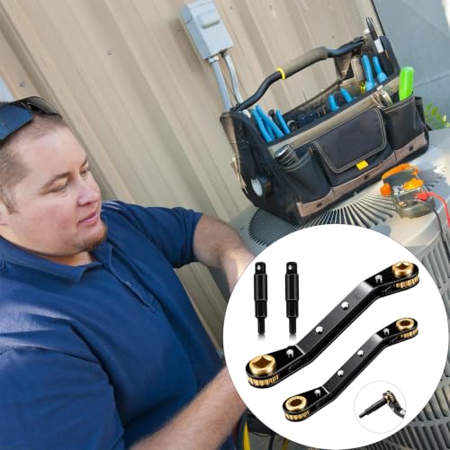 HVAC Service Wrench,3/16"-3/8" 5/16" x 1/4"Valve Wrench with Hex Adapters - style: 2 Wrench + 2 Hexagon Bit(Black)