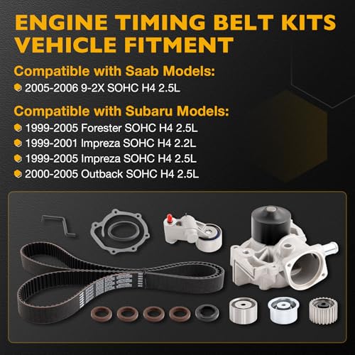 Engine Timing Belt Kit with Water Pump Compatible with Subaru 2000-2005 Outback 1999-2005 Impreza Forester & Saab 2005-2006 9-2X SOHC H4 2.2L 2.5L