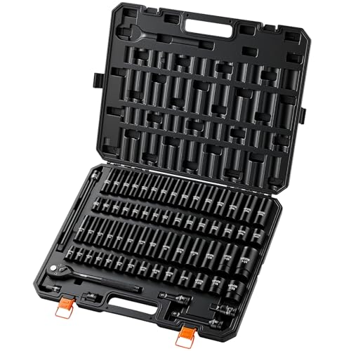 VEVOR 1/2" Drive Impact Socket Set, 65 Piece Socket Set SAE 3/8" to 1-1/4" and Metric 10-24mm, 6 Point Cr-V Alloy Steel for Auto Repair, Rugged Construction, Easy-to-Read Size Markings, Storage Case - size: 1/2" 65 PCS