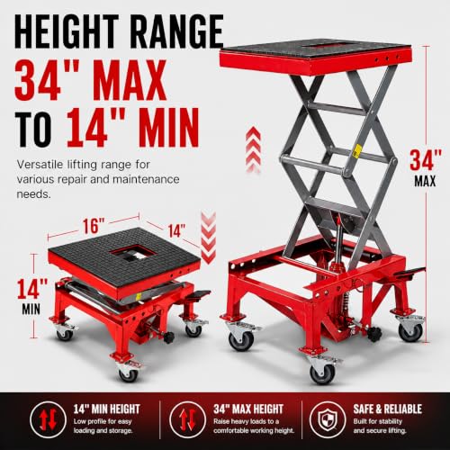 XtremepowerUS 300 lb Hydraulic Motorcycle Scissor Lift Jack, Foot Operated Mini Lift Table with Hand Crank, Motorcycle Dirt Bike ATV Lift Stand, Heavy Duty Maintenance Hoist, Red