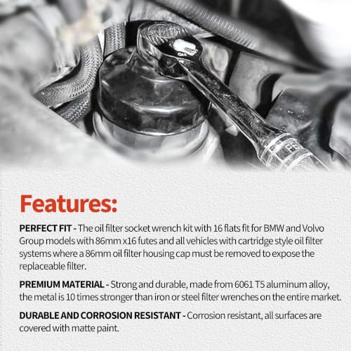 86mm 16 Flute Oil Filter Wrench for BMW Volvo Housing Cap - style: 86.4mm 16 Flutes