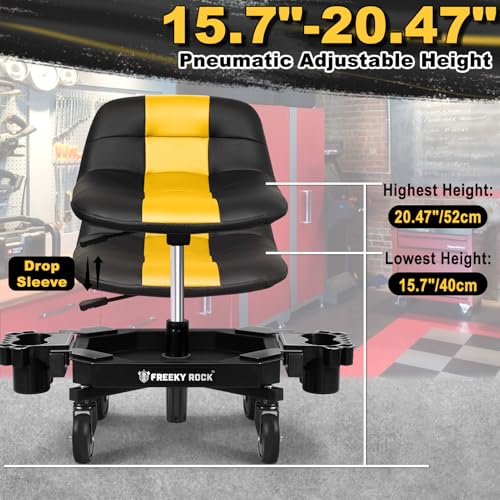 Rolling Stool with Wheels, Adjustable Height Pneumatic Garage Work Mechanic Stool Seat with Backrest, 400 LBS Capacity 360° Swivel Mechanic Crepper Chair with Tool Tray Storage, Yellow - color: Yellow