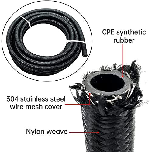 20FT 6AN 3/8" Nylon Stainless Steel Braided CPE Oil Gas Fuel Line Universal - color: Black