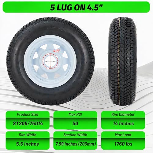 ST205/75D14 Trailer Tires, 5 Lug on 4.5", 6PR Load Range C, 14in Fuel-saving Designed Trailer Tires 205 75 14 for Travel/Camper/Landscape/Cargo/Utility/Boat/Horse/Farm/Hauler Trailer - size: ST205/75D14, style: 5 Lug